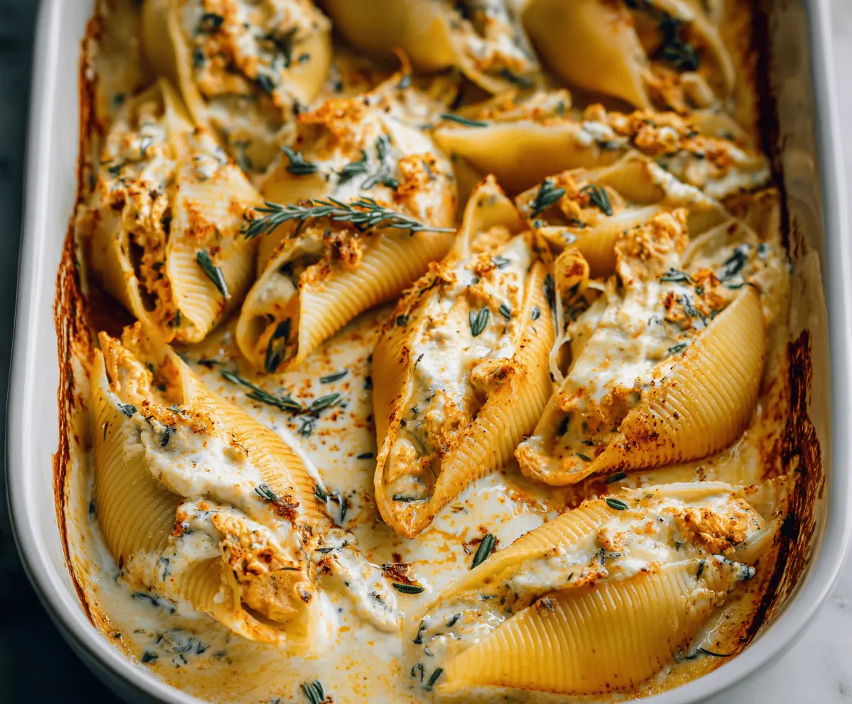 Delicious vegan pumpkin ricotta stuffed pasta shells topped with herbs on a plate, perfect for a comforting plant-based meal.