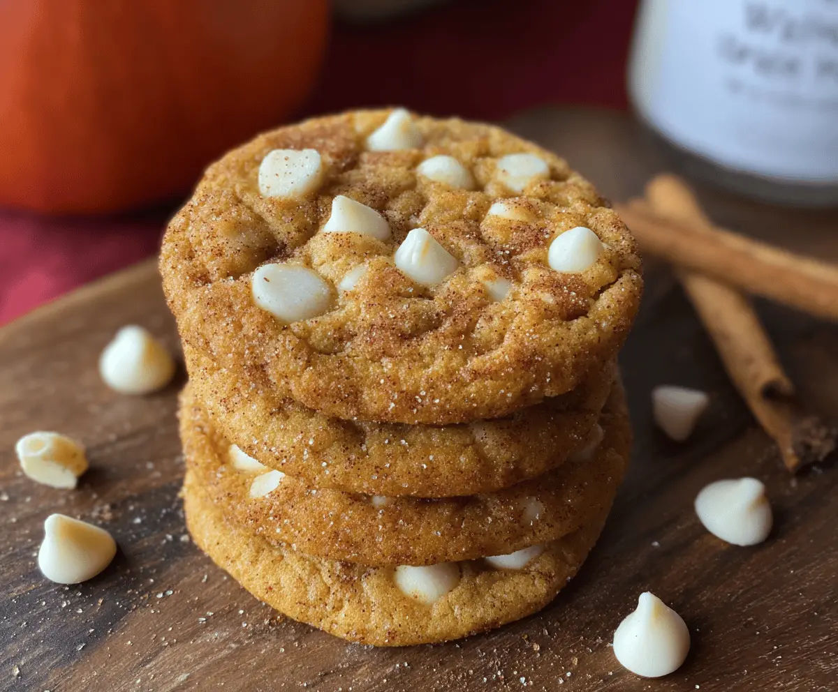 Delicious White Chocolate Pumpkin Snickerdoodles topped with cinnamon sugar, perfect for fall baking