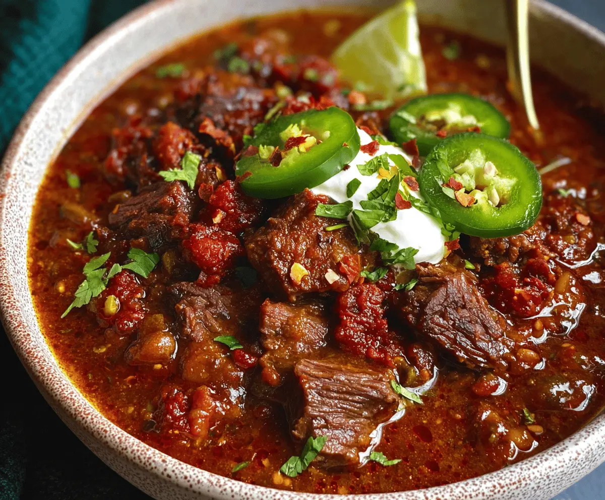 Delicious award-winning short rib and chorizo chili in a bowl topped with fresh herbs and garnishes, served steaming hot.