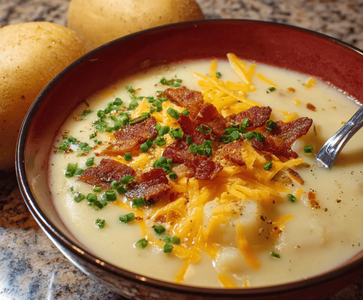 Creamy baked potato soup served in a bowl with shredded cheese, bacon bits, and green onions, perfect for a cozy comfort meal