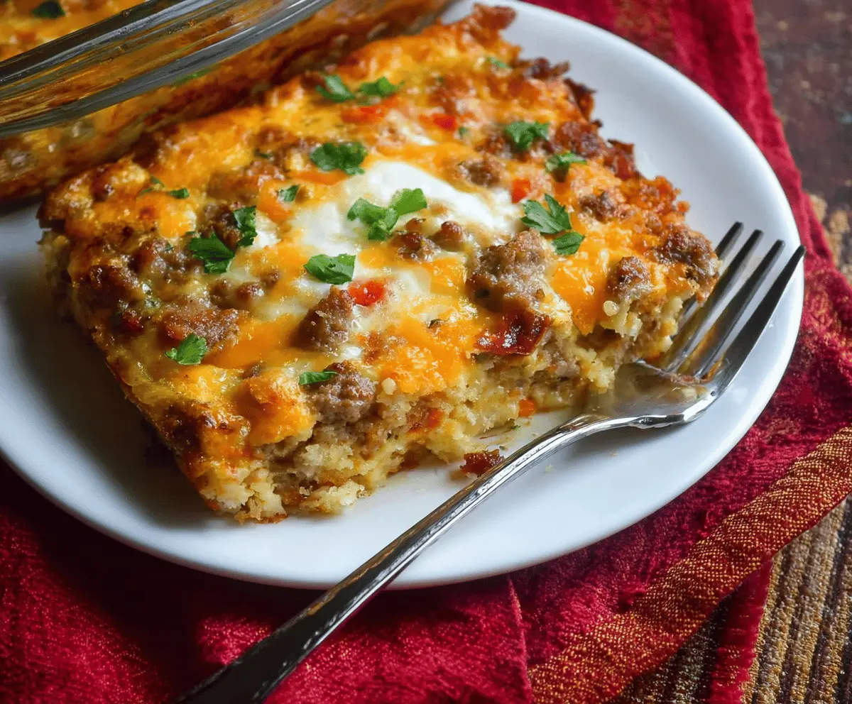 Delicious breakfast casserole with sausage and hash browns served fresh on a plate