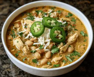 Creamy Cajun white chicken chili topped with fresh herbs in a bowl, featuring tender shredded chicken, white beans, and a flavorful spicy broth.