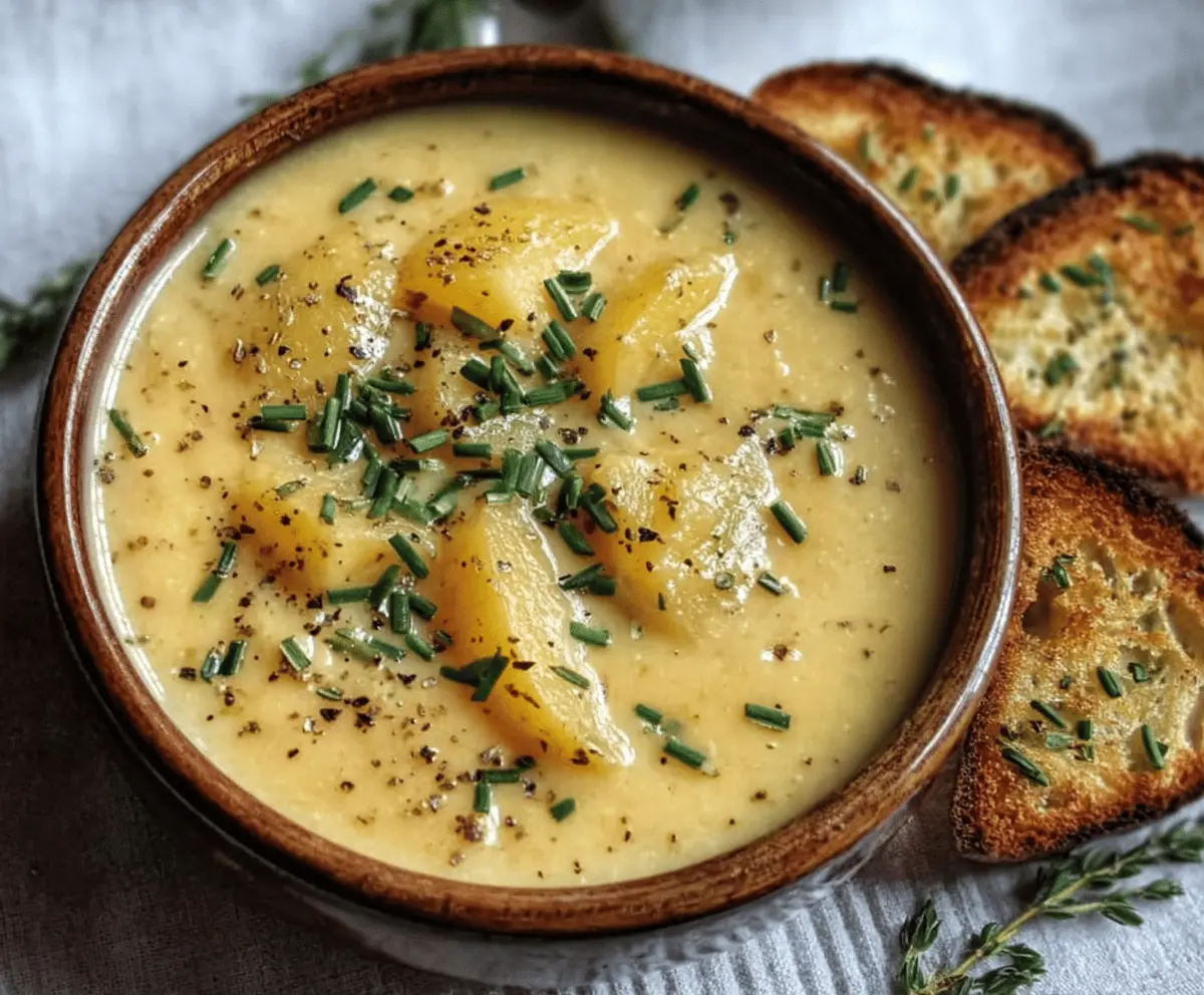 Creamy Cheddar Garlic Herb Infused Potato Soup in a bowl with fresh herbs and melted cheese, perfect for a comforting meal