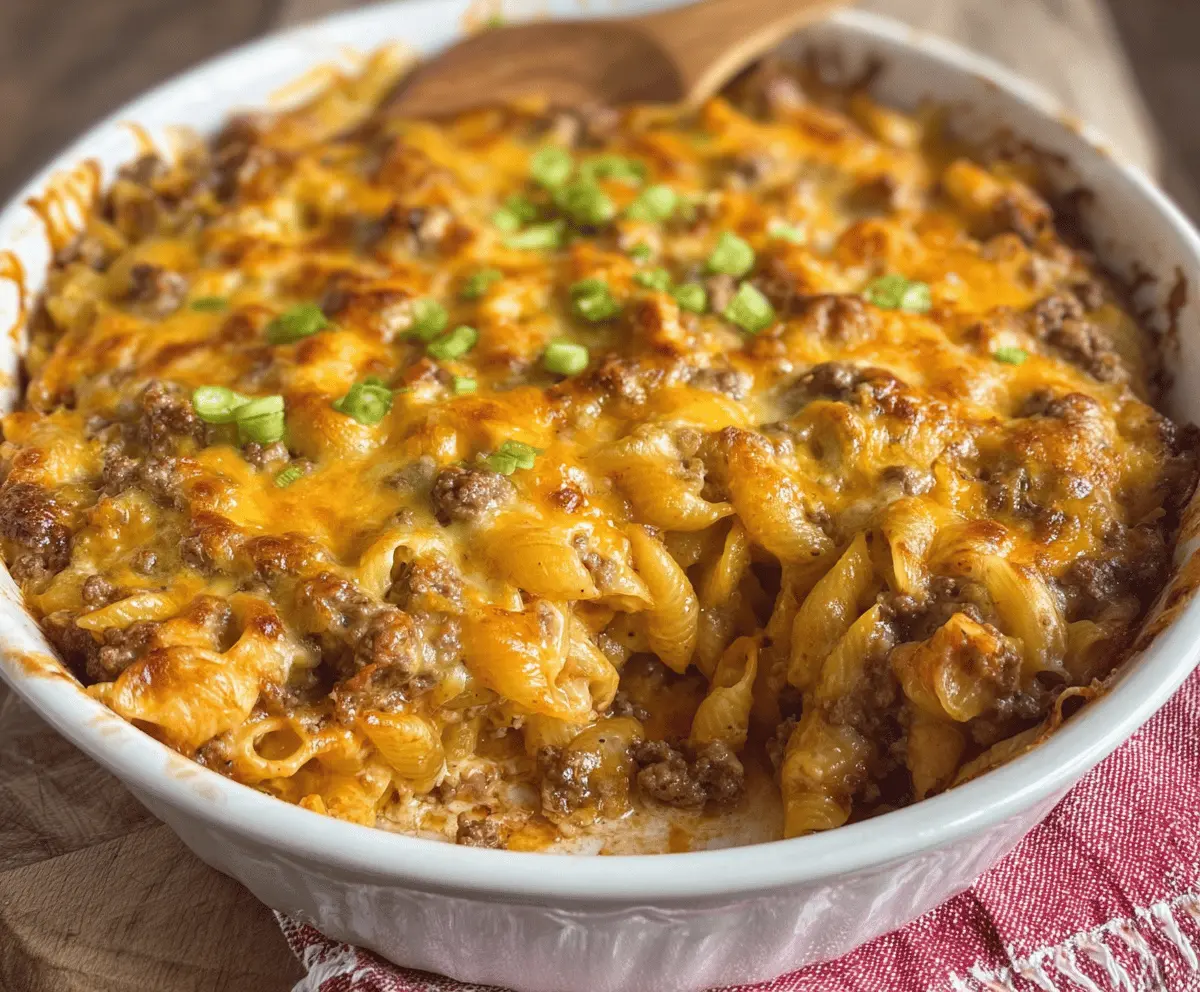 Delicious cheesy hamburger casserole bake topped with melted cheese, perfect for busy weeknights