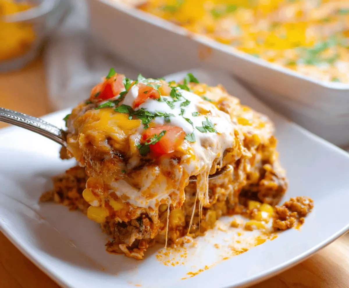 Delicious Chicken Burrito Casserole topped with melted cheese, fresh cilantro, and sliced jalapenos, served in a baking dish.