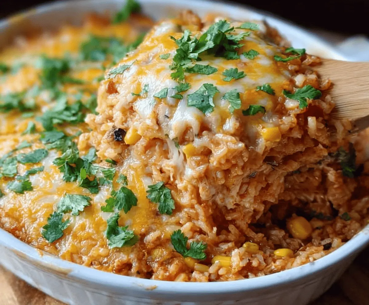 Delicious Chicken Enchilada Rice Casserole topped with melted cheese and fresh cilantro, ready in 35 minutes