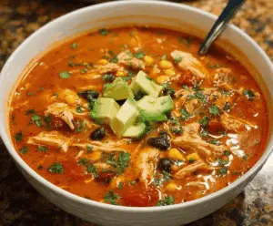 Hearty Chicken Enchilada Soup in a bowl topped with cheese, sour cream, and fresh cilantro, served with tortilla chips
