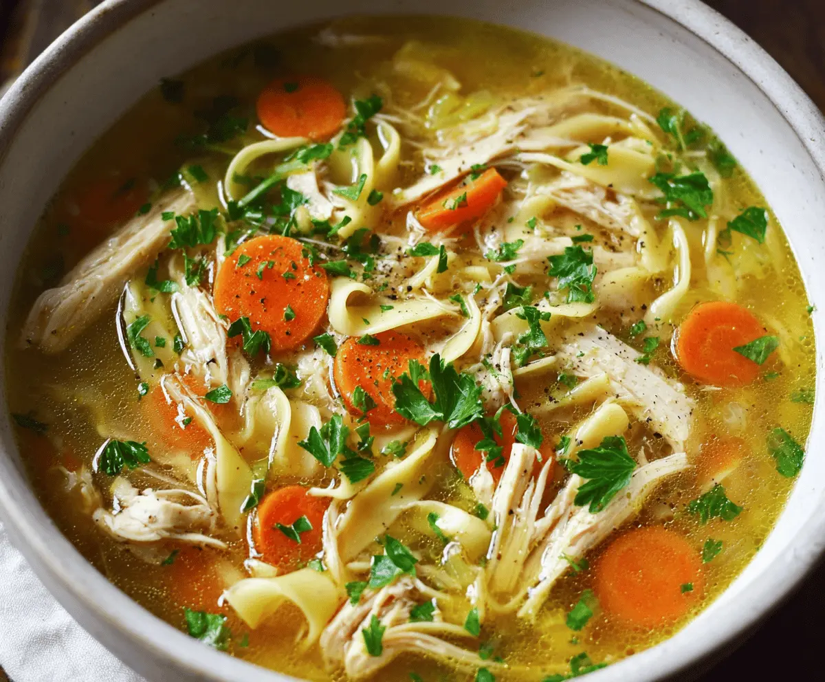 A steaming bowl of homemade chicken noodle soup with tender chicken, colorful vegetables, and soft noodles in a clear broth, served in a white bowl on a wooden table.