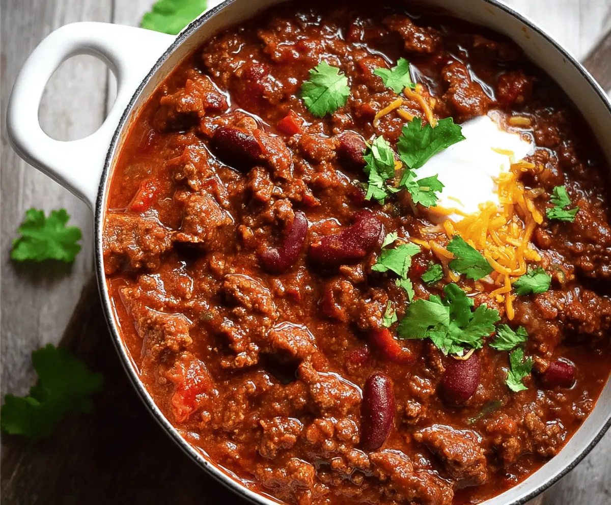 Delicious homemade Chili Con Carne served with rice, topped with shredded cheese and fresh herbs