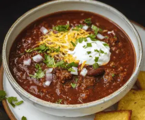 Hearty bowl of classic beef chili with beans, topped with shredded cheese and fresh herbs, served in a rustic bowl for a flavorful comfort food meal.
