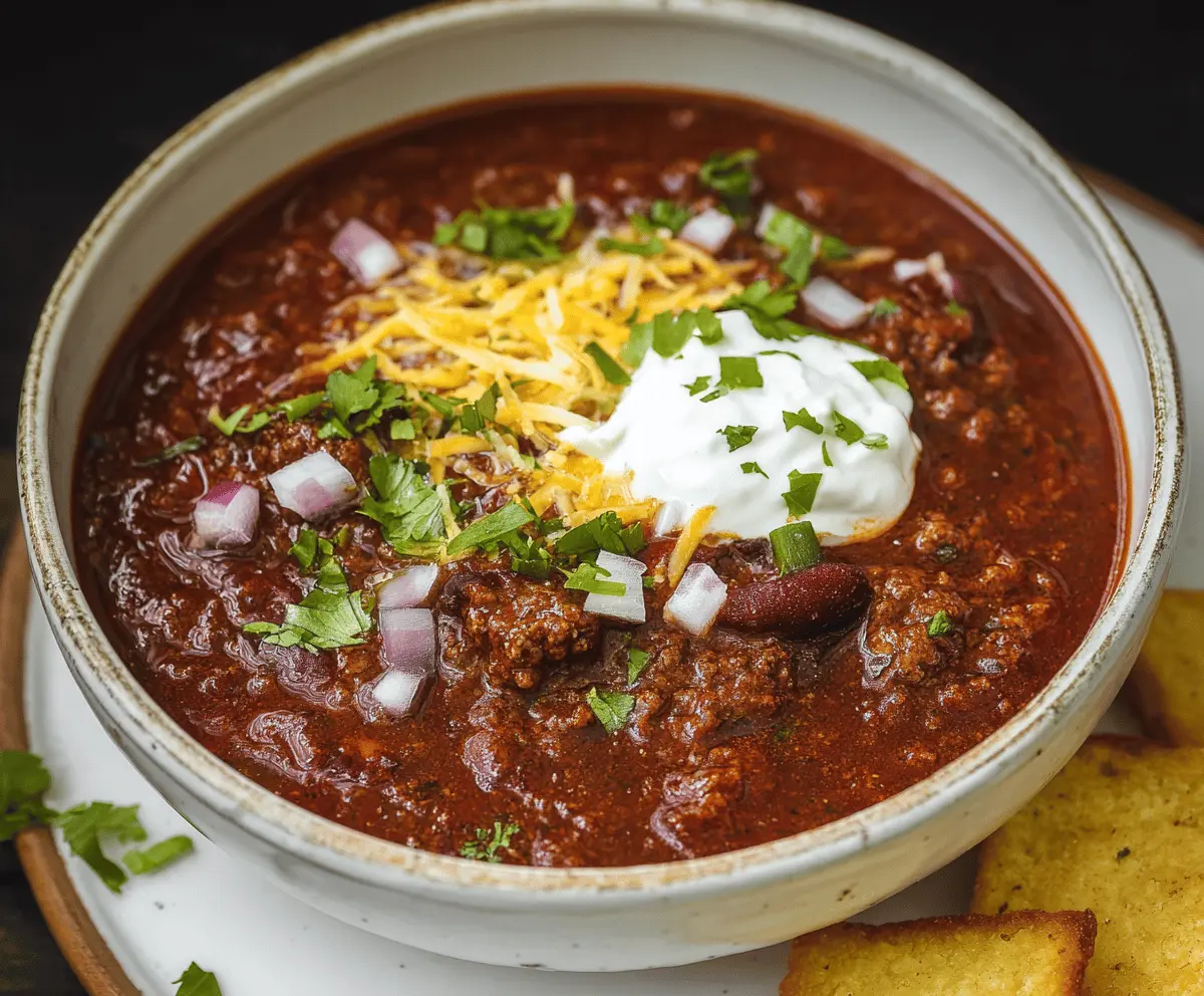 Hearty bowl of classic beef chili with beans, topped with shredded cheese and fresh herbs, served in a rustic bowl for a flavorful comfort food meal.