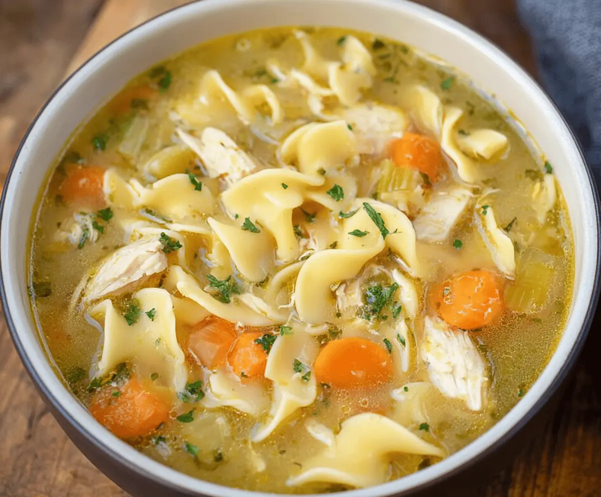Creamy CopyCat Panera Bread Chicken Noodle Soup in a bowl with tender chicken, vegetables, and egg noodles