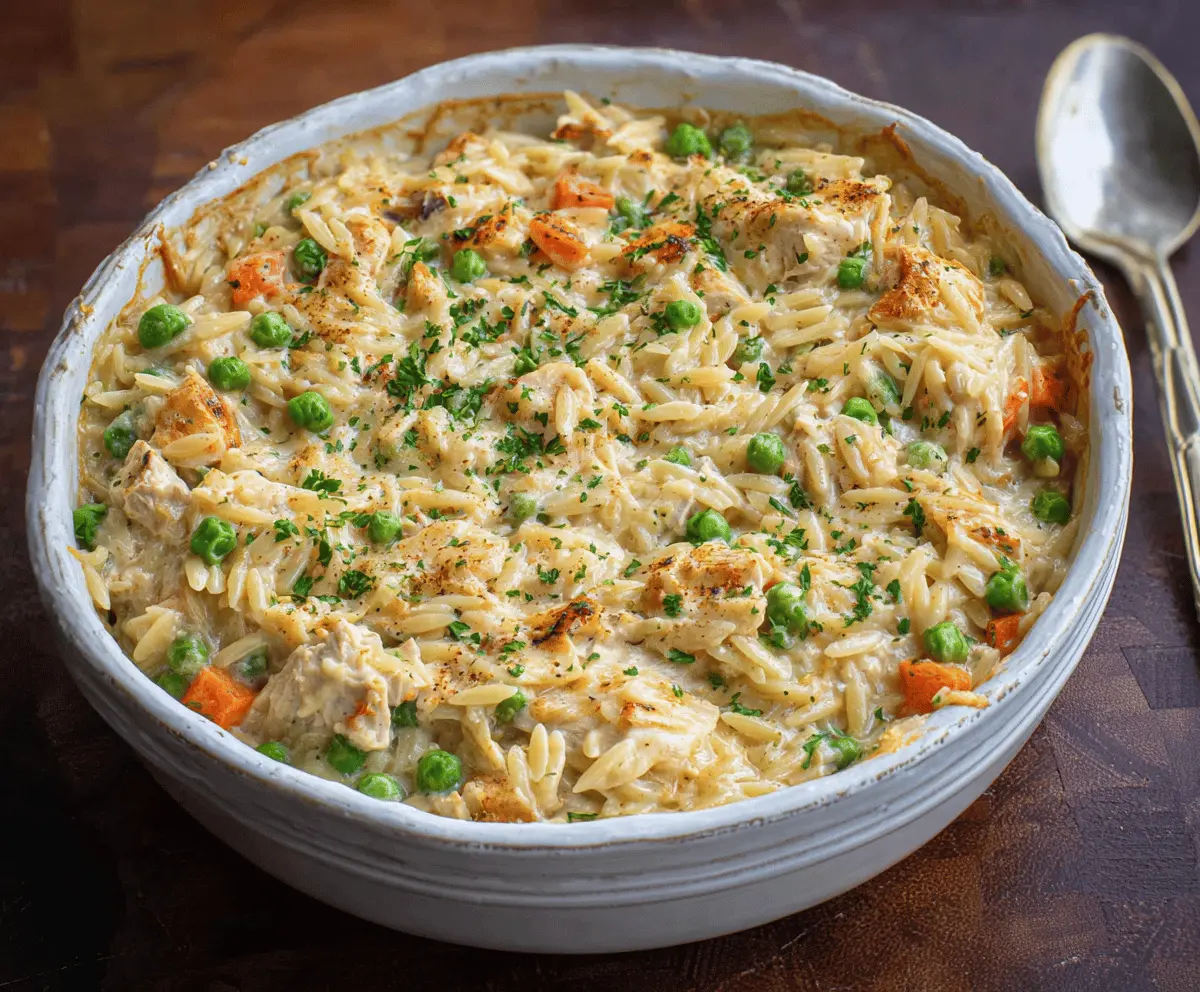 Creamy chicken pot pie orzo served in a cozy bowl with flaky crust topping, fresh herbs, and melted cheese, perfect for comfort food lovers.