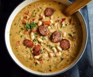 Creamy bean soup with sausage in a bowl, garnished with herbs, served with crusty bread, and fresh vegetables on a rustic table.