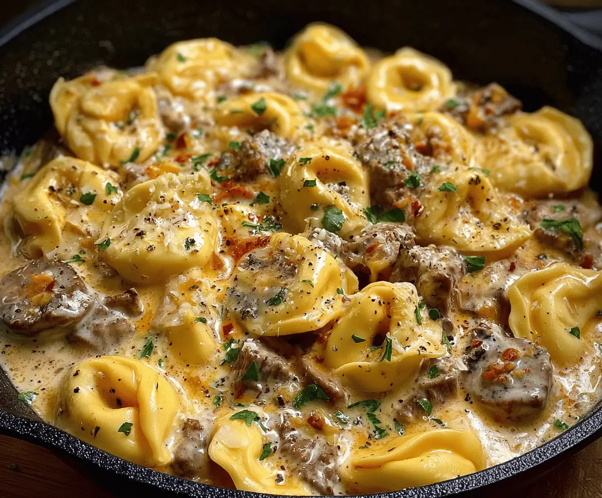 Creamy cheesesteak tortellini in rich provolone cheese sauce topped with chopped herbs and sliced steak