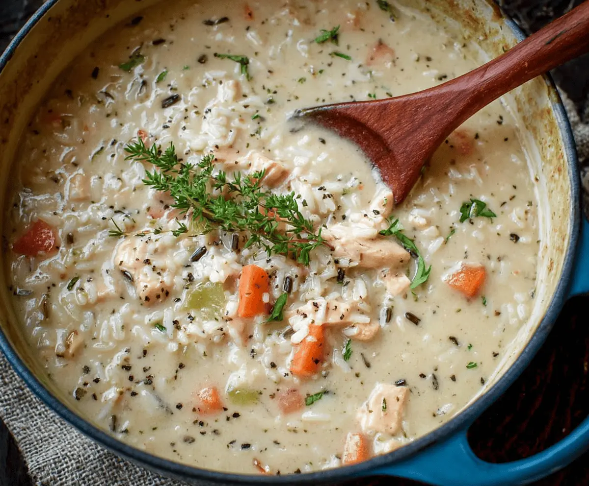 Creamy Chicken and Rice Soup in a bowl with shredded chicken, rice, vegetables, and herbs, garnished with fresh parsley