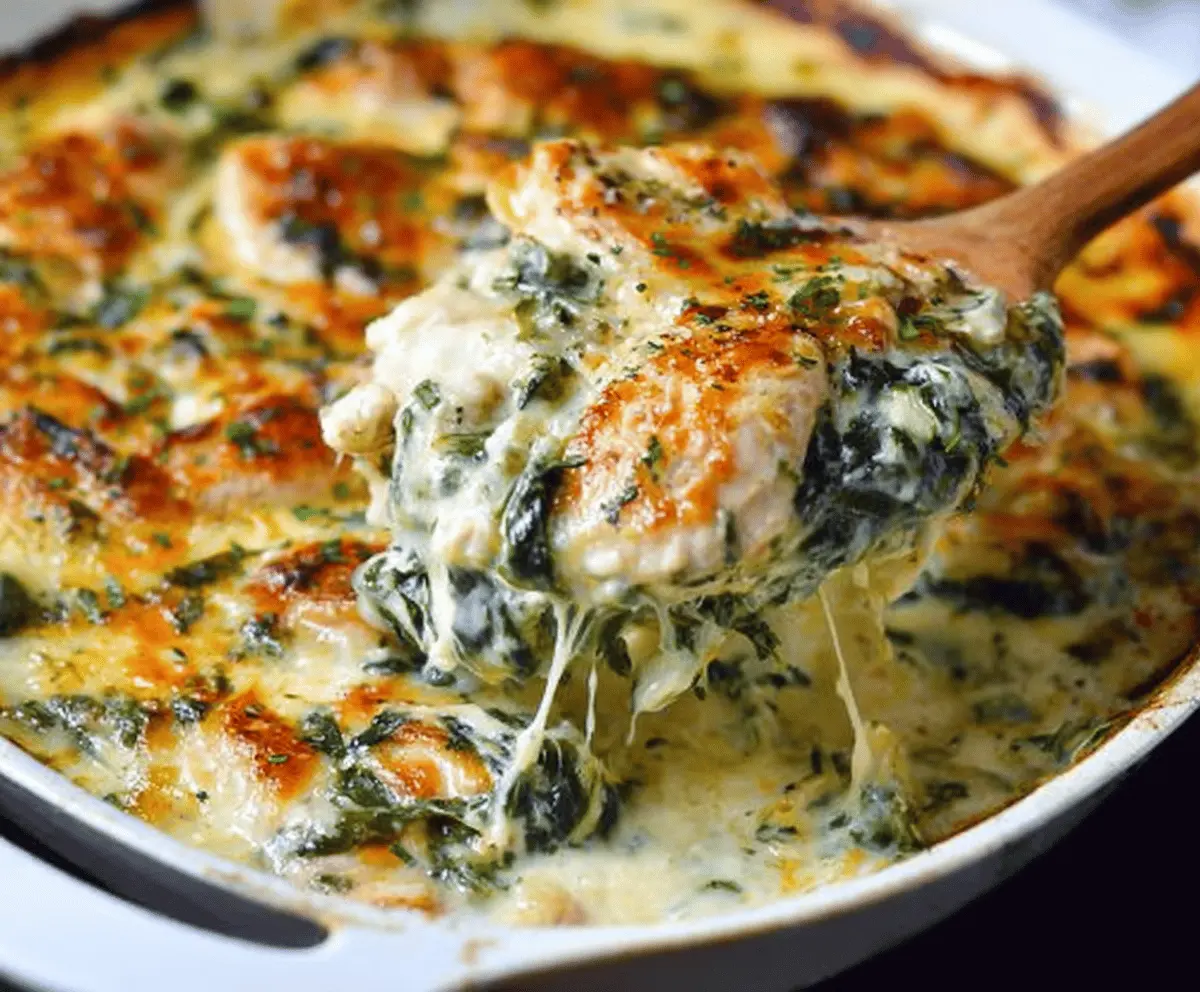 Delicious creamy chicken and spinach casserole topped with melted cheese, served hot on a white plate.