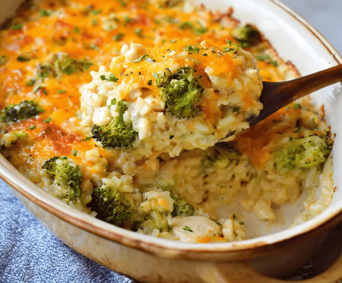 Creamy chicken broccoli rice cheese casserole in a baked dish with melted cheese, topped with fresh broccoli florets and tender chicken pieces.