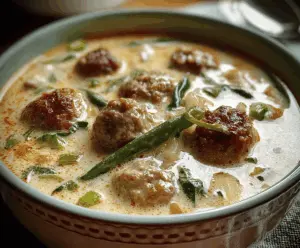 A steaming bowl of creamy Italian meatball soup garnished with fresh herbs and grated cheese, featuring tender meatballs, vegetables, and a rich, flavorful broth.