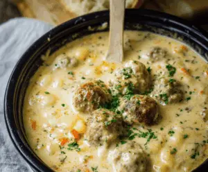 A bowl of creamy meatball soup garnished with fresh herbs, showcasing tender meatballs in a rich, creamy broth with vegetables.