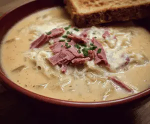 A bowl of creamy Reuben soup topped with melted cheese, corned beef, sauerkraut, and fresh herbs, served with crusty bread on the side.