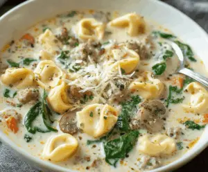 Creamy sausage tortellini soup in a bowl garnished with fresh herbs, showcasing a hearty and flavorful meal perfect for cold days.