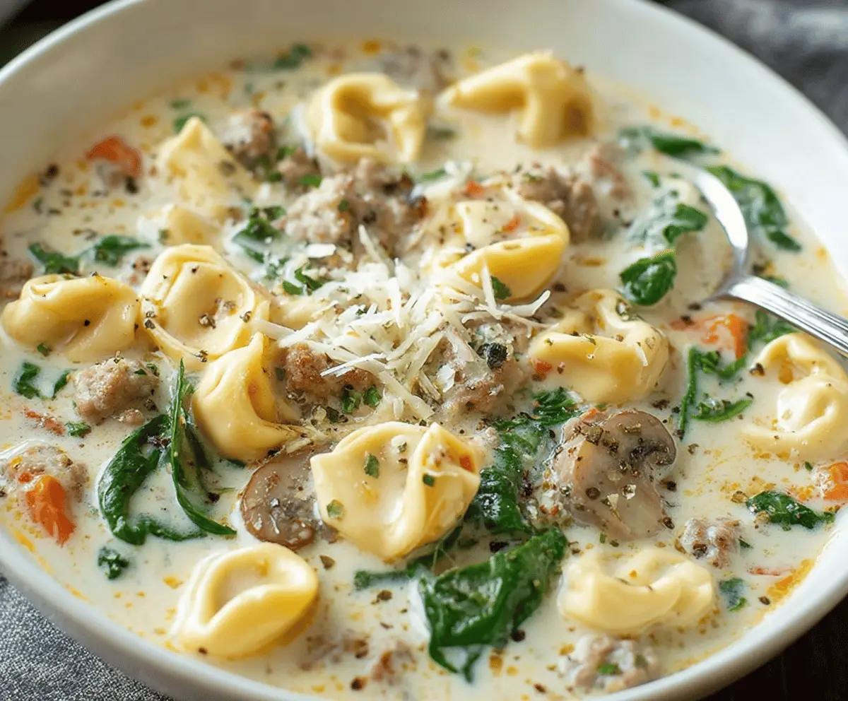 Creamy sausage tortellini soup in a bowl garnished with fresh herbs, showcasing a hearty and flavorful meal perfect for cold days.