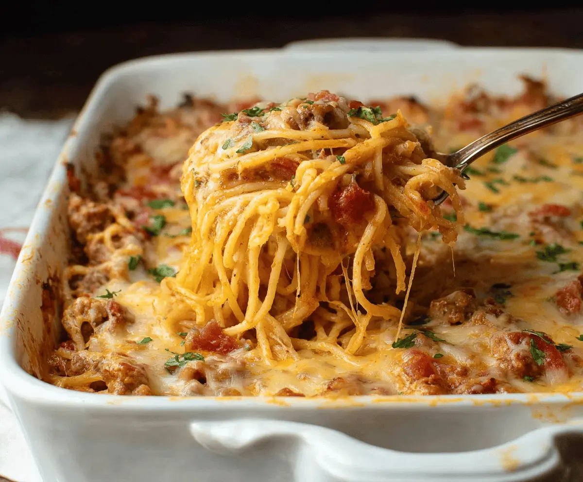 Creamy Southern Spaghetti Bake topped with melted cheese and fresh herbs, served in a baking dish