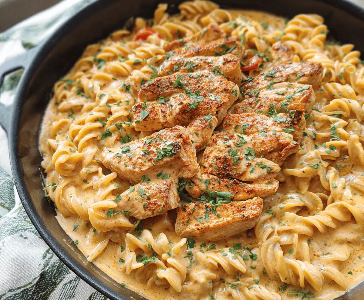 Creamy Cajun Chicken Pasta cooked in a crock pot, topped with fresh herbs and served in a bowl, perfect for a flavorful comfort meal.