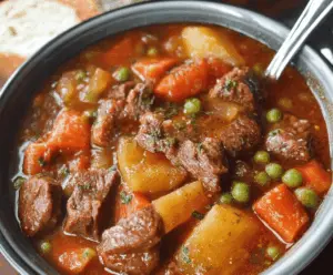 Delicious homemade Crockpot Beef Stew with tender beef chunks, vegetables, and savory broth served in a rustic bowl.