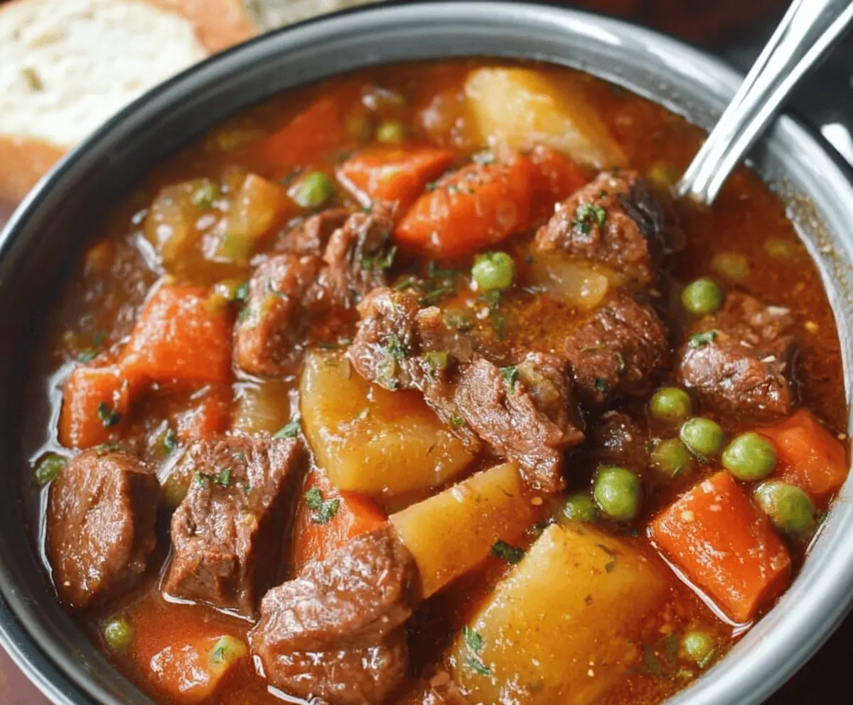 Delicious homemade Crockpot Beef Stew with tender beef chunks, vegetables, and savory broth served in a rustic bowl.
