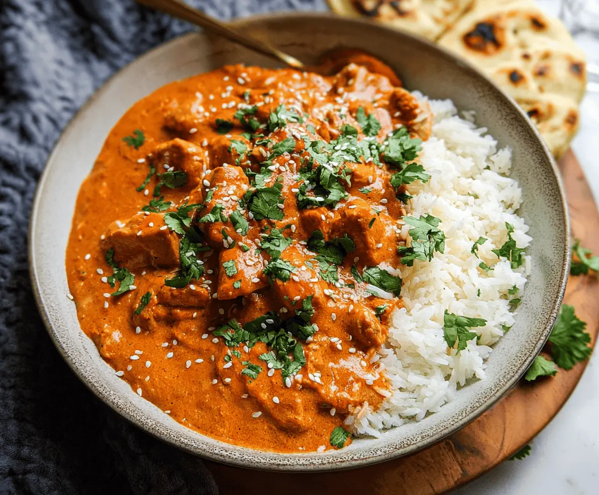 Creamy and flavorful Crockpot Butter Chicken served over rice, garnished with fresh herbs and spices for a delicious homemade Indian-inspired meal.