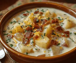Creamy Crockpot Crack Potato Soup in a bowl topped with cheese, bacon bits, and chopped green onions, perfect for a comforting and easy-to-make meal.