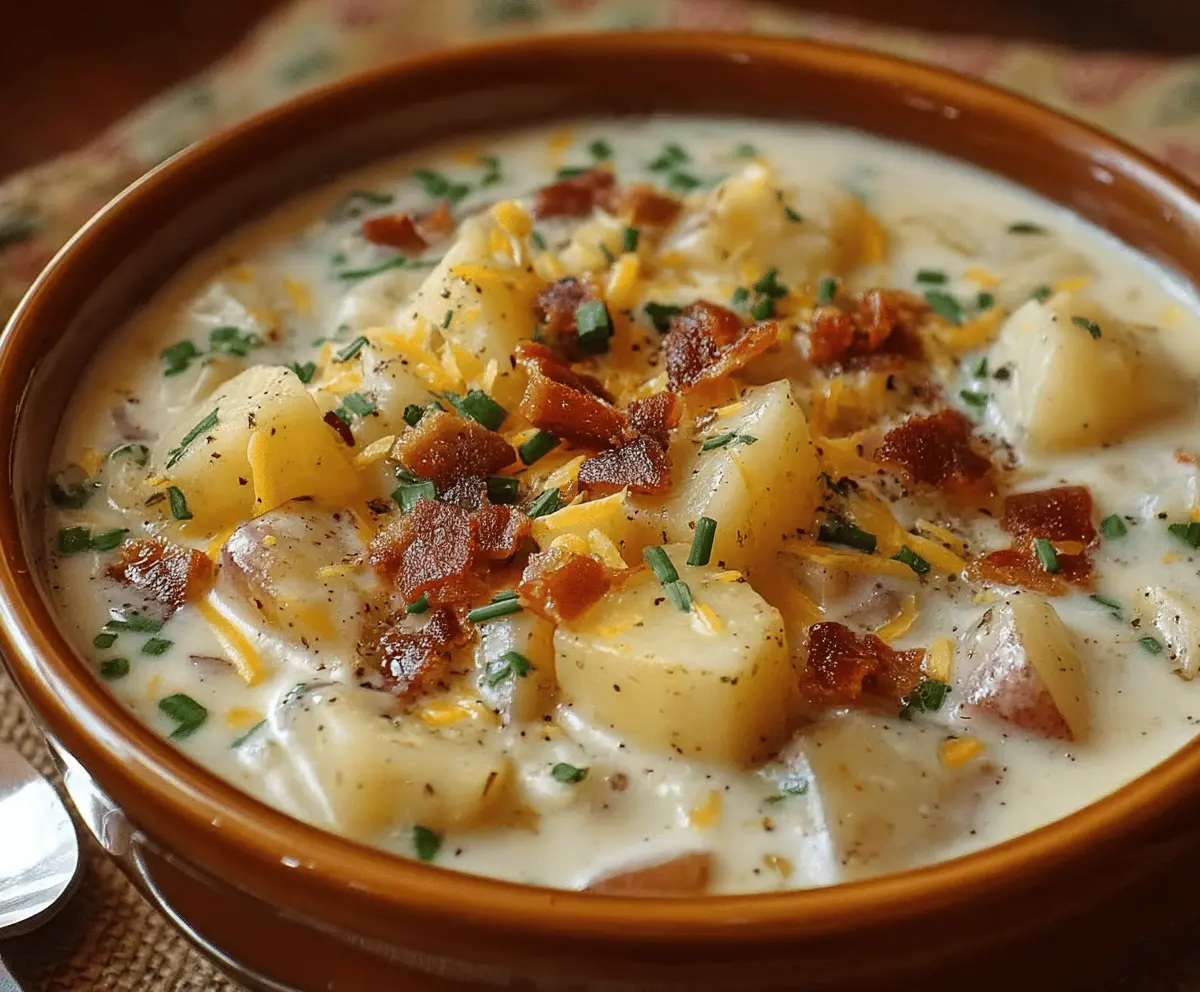 Creamy Crockpot Crack Potato Soup in a bowl topped with cheese, bacon bits, and chopped green onions, perfect for a comforting and easy-to-make meal.