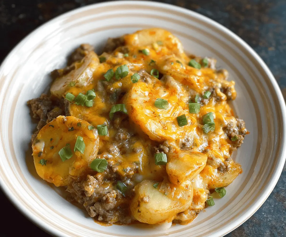 Delicious Crockpot Hamburger Potato Casserole with melted cheese and fresh herbs in a slow cooker
