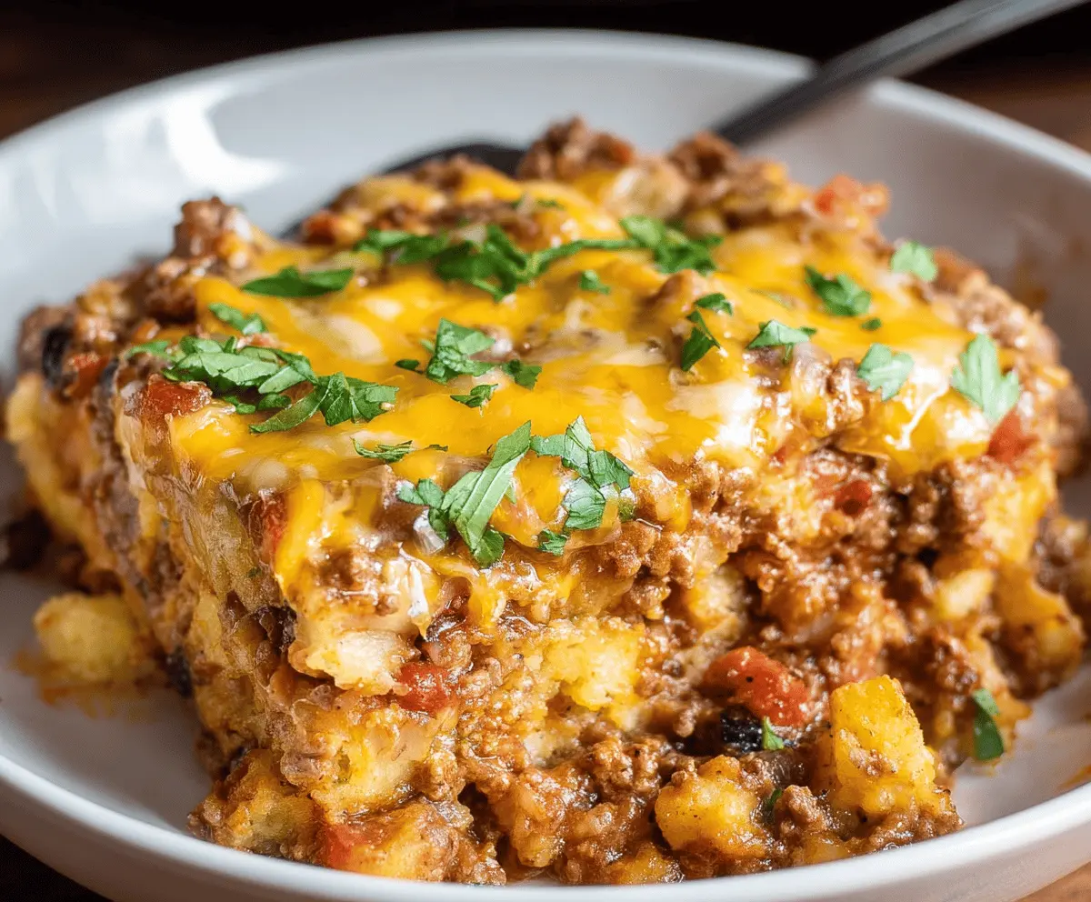 Delicious Crockpot Taco Casserole with seasoned ground beef, melted cheese, and fresh toppings served in a casserole dish