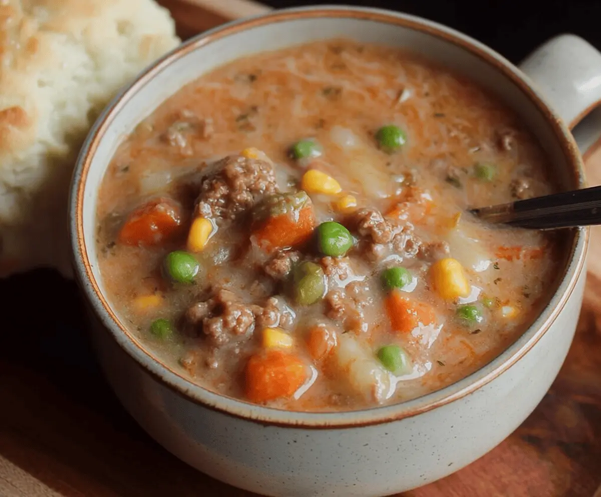 Creamy Shepherd’s Pie Soup topped with mashed potatoes, ground beef, vegetables, and fresh herbs in a bowl.