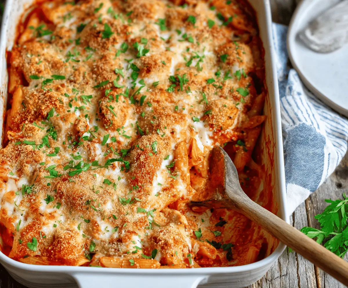 Creamy Dump-and-Bake Chicken Parmesan Casserole topped with melted cheese and fresh basil, perfect for a quick and delicious Italian-inspired dinner.