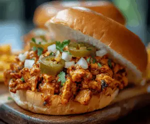 Juicy Cajun Chicken Sloppy Joes served on a toasted bun with fresh toppings, perfect for a quick and flavorful meal