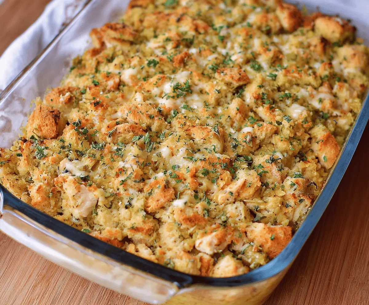 Delicious Easy Chicken & Stuffing Casserole topped with golden-brown breadcrumbs, served hot on a white plate