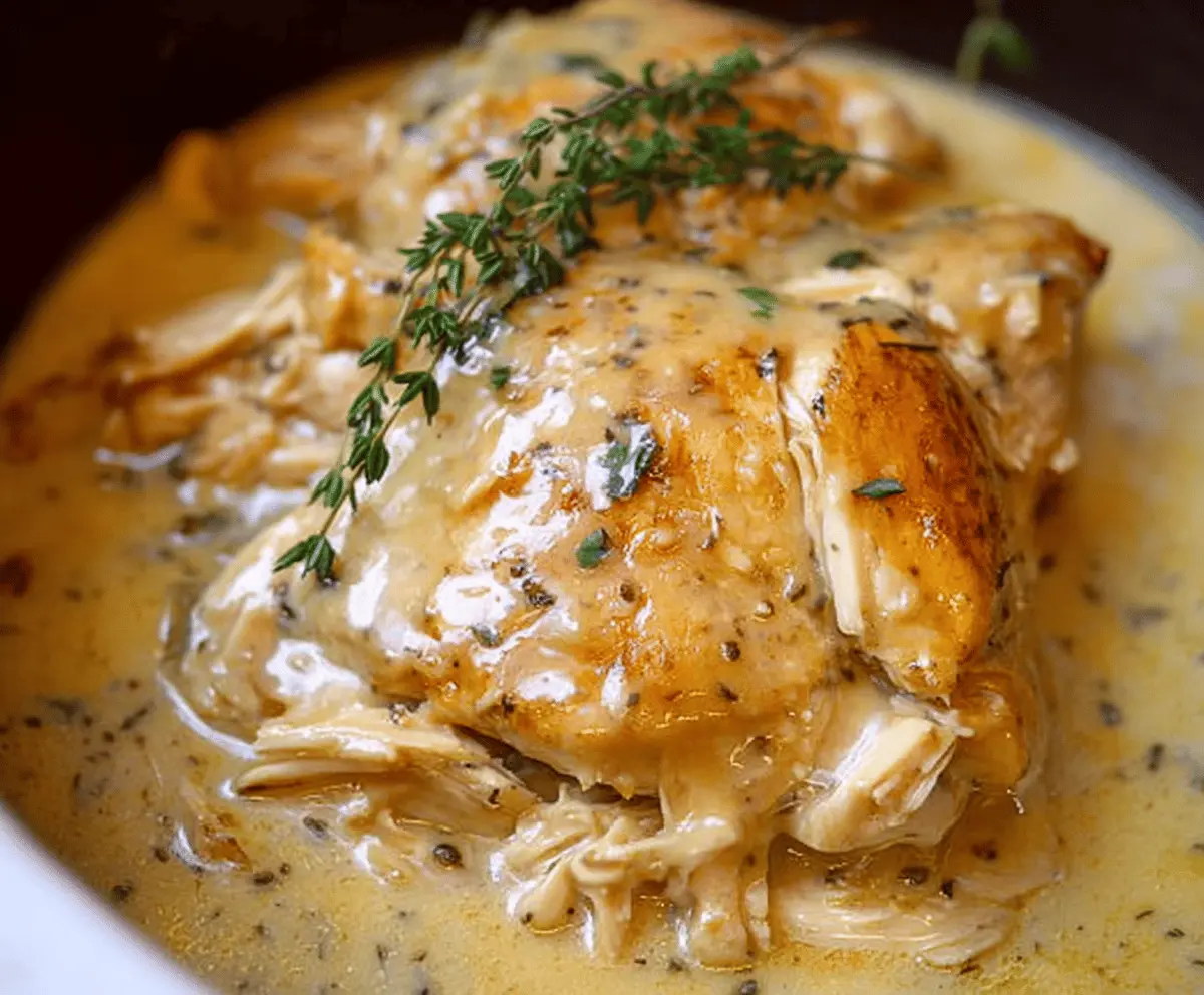 Delicious easy crockpot chicken with savory gravy served on a plate, perfect for a quick and hearty dinner.