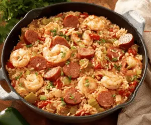 Delicious homemade jambalaya with shrimp, sausage, and vegetables in a flavorful rice dish
