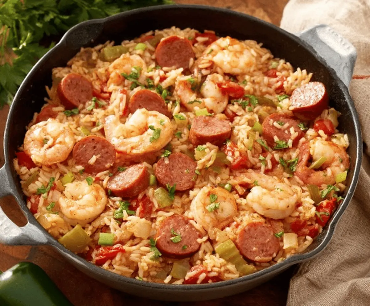 Delicious homemade jambalaya with shrimp, sausage, and vegetables in a flavorful rice dish