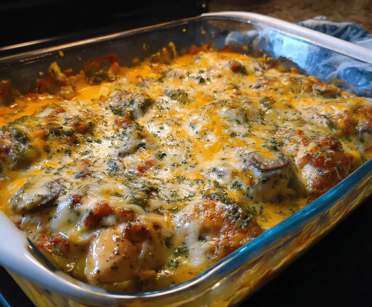 Delicious and easy low carb chicken casserole topped with melted cheese and fresh herbs, perfect for a healthy dinner