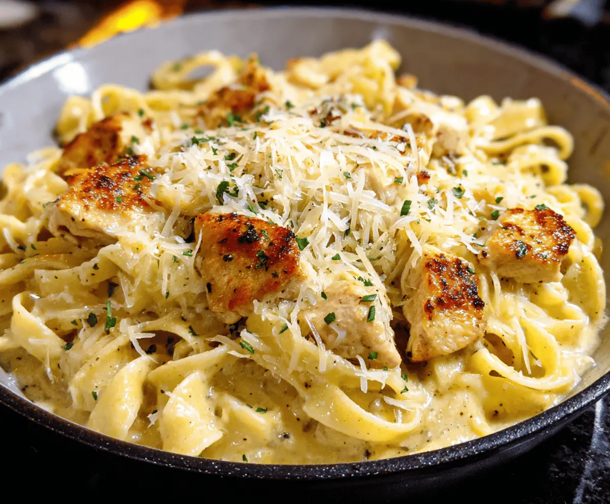 Creamy Easy Parmesan Chicken Pasta with tender chicken, al dente pasta, and melted Parmesan cheese served on a white plate