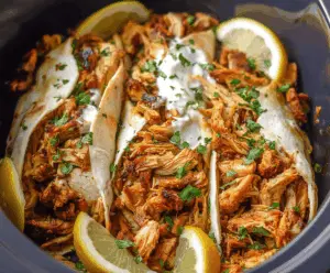 Delicious homemade slow cooker chicken shawarma with spices, served with fresh vegetables and herbs in a bowl.