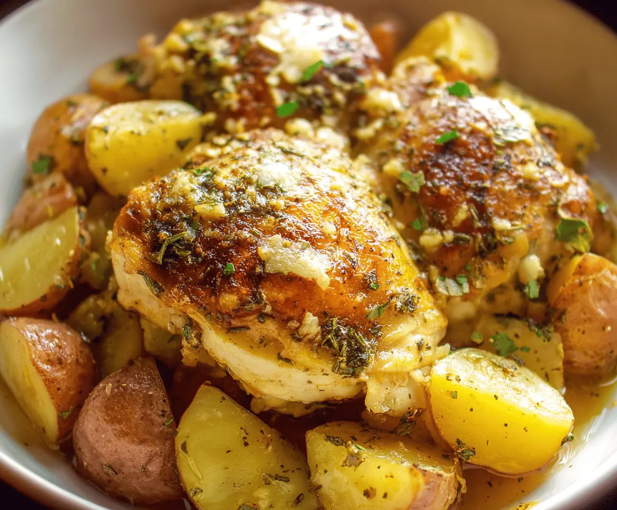 Creamy Garlic Parmesan Crockpot Chicken and Potatoes served in a bowl with fresh herbs, showcasing a flavorful slow cooker dinner
