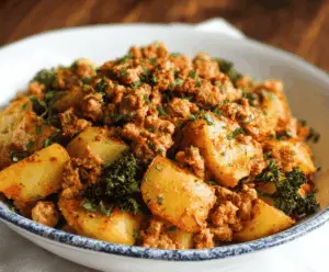 Savory ground turkey cooked with crispy roasted potatoes served on a plate, perfect for a healthy and hearty meal.
