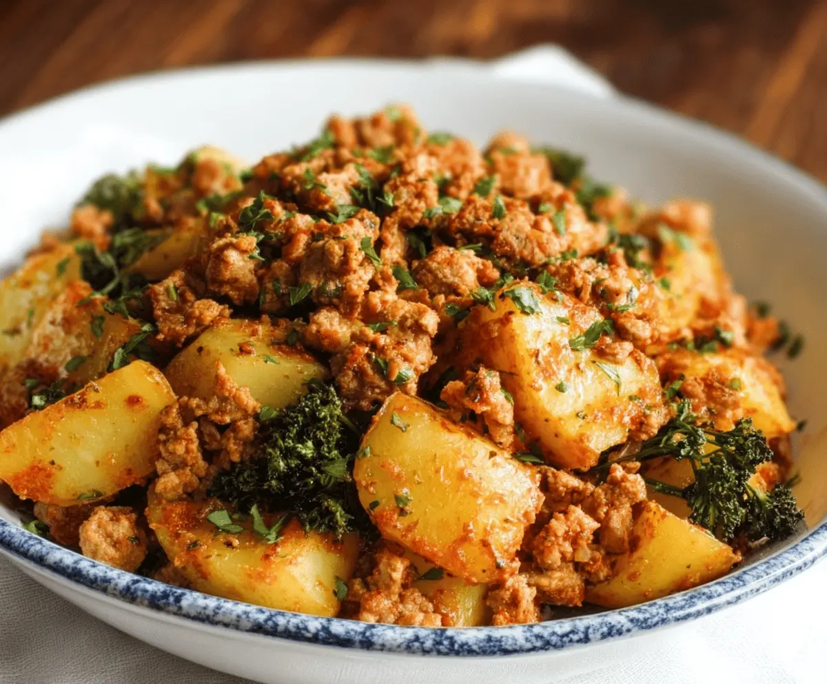 Savory ground turkey cooked with crispy roasted potatoes served on a plate, perfect for a healthy and hearty meal.