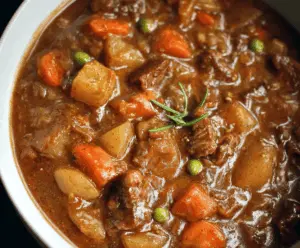 A steaming bowl of hearty classic beef stew with tender beef chunks, potatoes, carrots, and peas, garnished with fresh herbs, served in a rustic bowl.